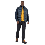 Mountain Equipment Lightline Men's Vest in Blue Nights - side view on model showing 700 fill power down insulation and low bulk active fit