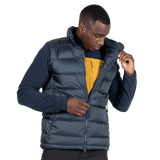 Mountain Equipment Lightline Men's Vest in Blue Nights - detail view on model showing 2-way YKK moulded centre front zip