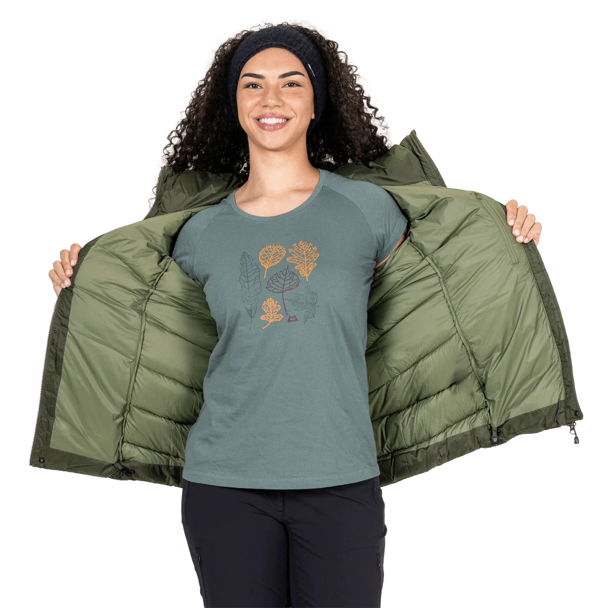 Mountain Equipment Lightline Women's Jacket in Buckthorn - detail view on model showing inner lining and open front