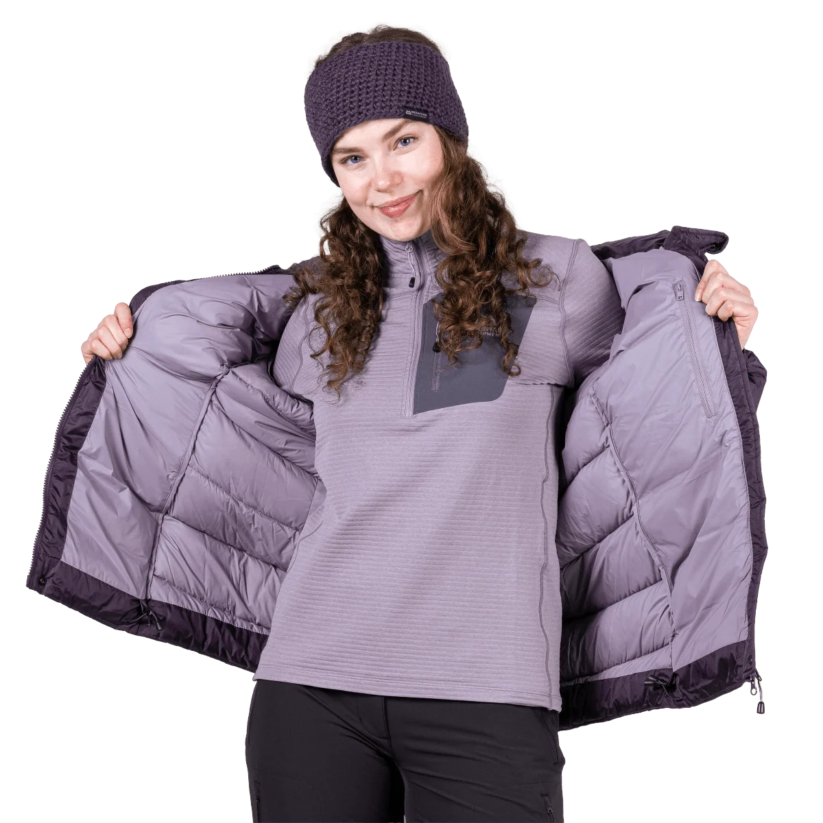 Mountain Equipment Lightline Women's Jacket in Nightshade - detail view on model showing inner lining and open front, wide