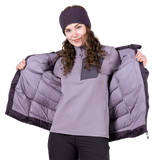 Mountain Equipment Lightline Women's Jacket in Nightshade - detail view on model showing inner lining and open front, wide