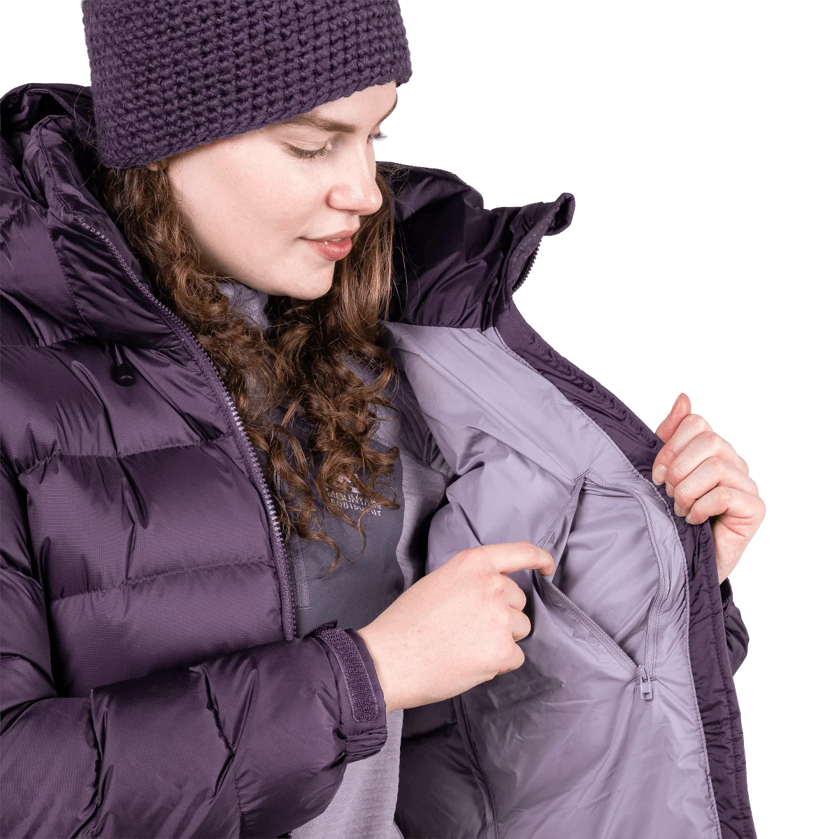 Mountain Equipment Lightline Women's Jacket in Nightshade - detail view on model showing inner lining and open front