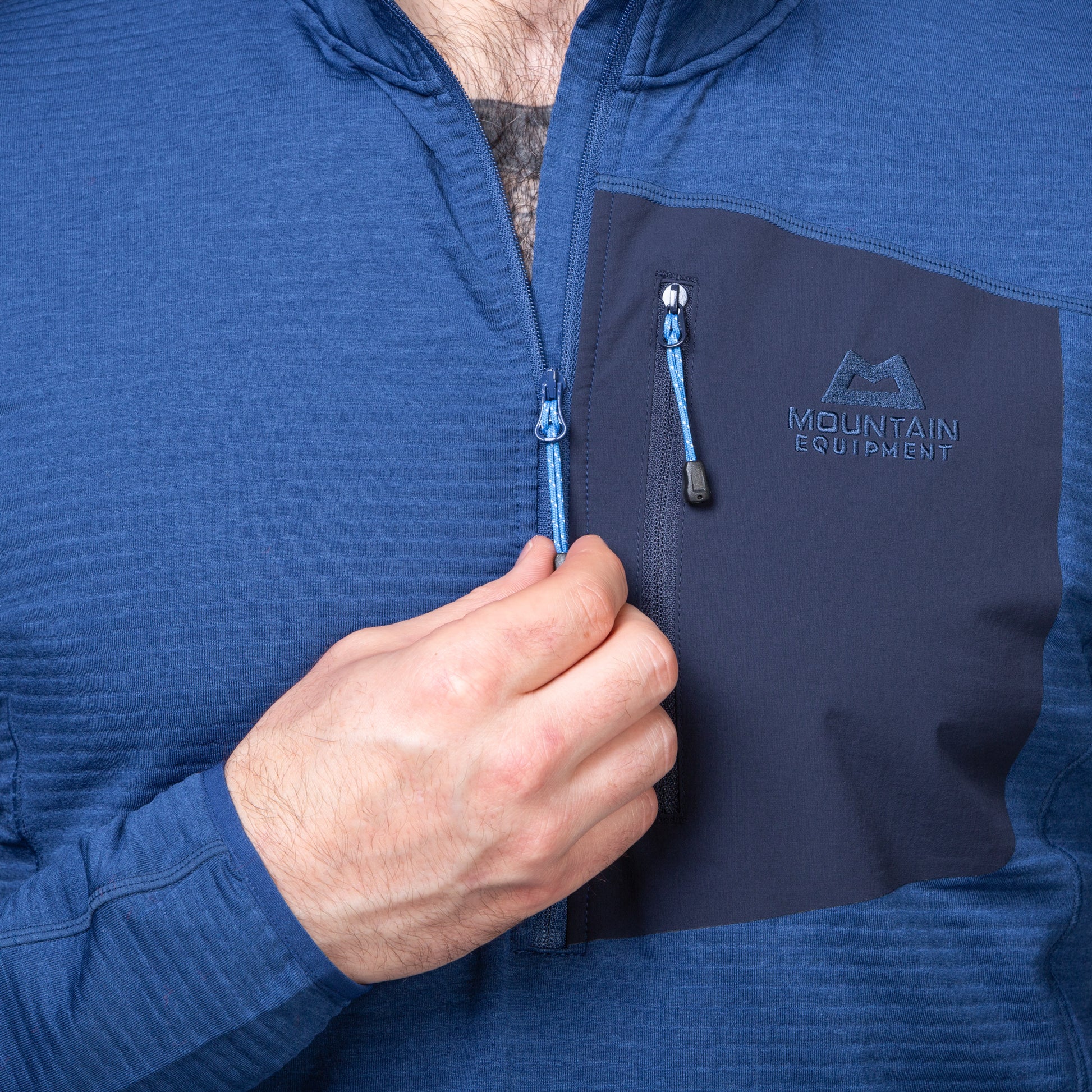 Mountain Equipment Lumiko Men's Zip T in Admiral/Cosmos - Zip Detail
