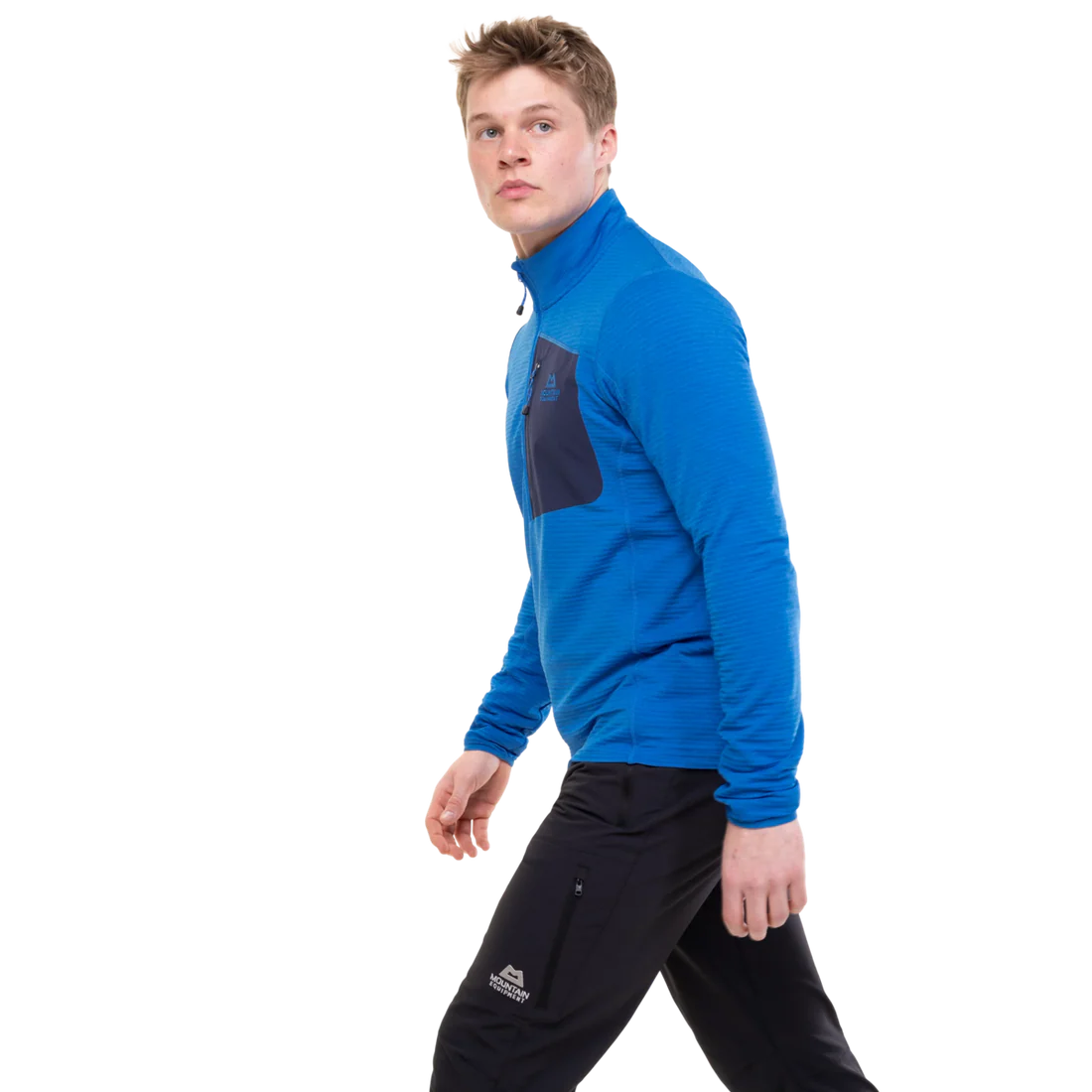 Mountain Equipment Lumiko Men's Zip T in Atlantic/Cosmos - Walking Side