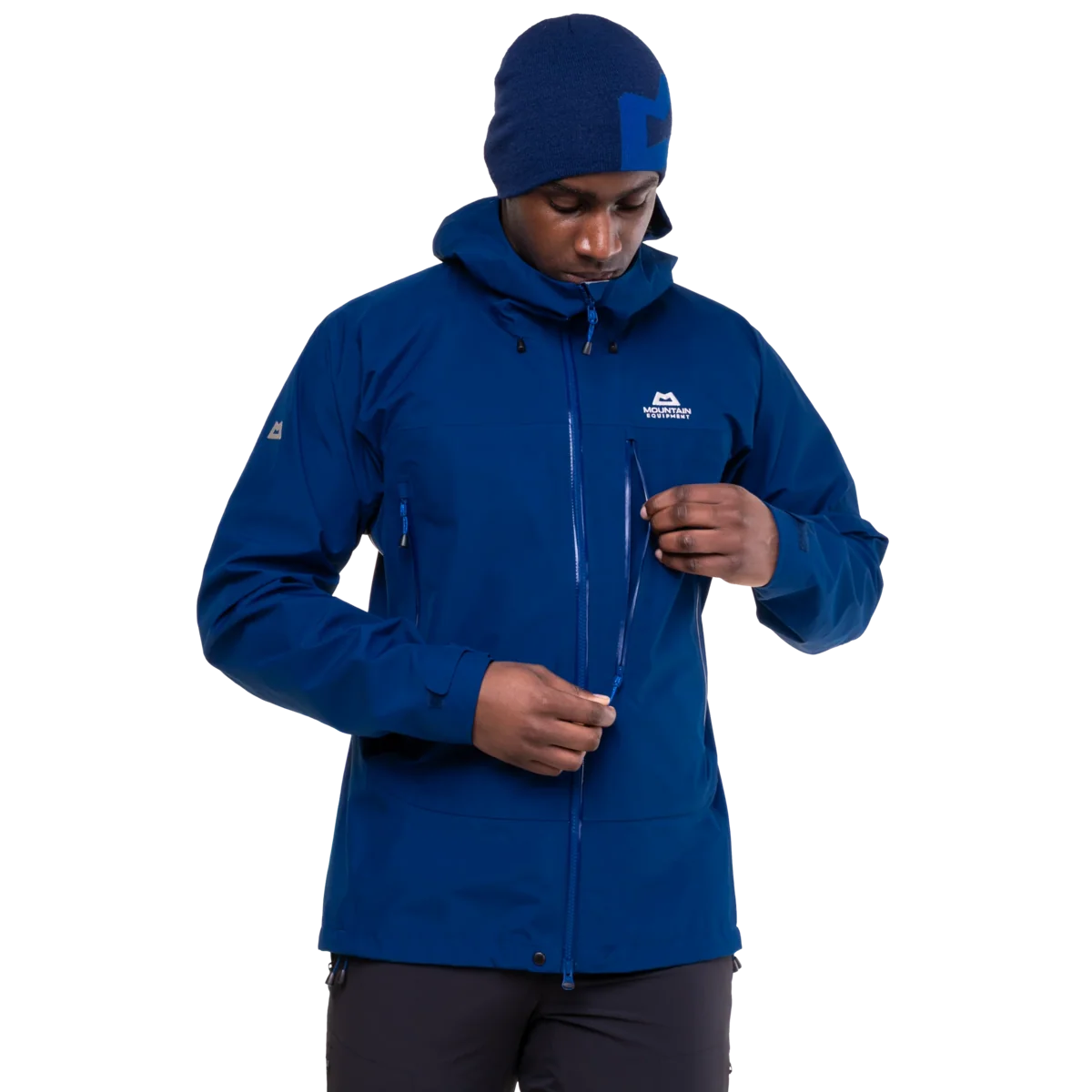 Mountain Equipment Makalu GORE-TEX Men's Jacket in Admiral Blue - hood detail, worn