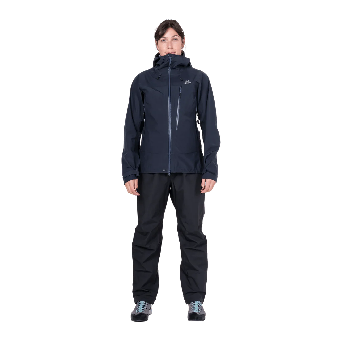 Mountain Equipment Makalu GORE-TEX Women's Pant in Black - Front View with Jacket on Model