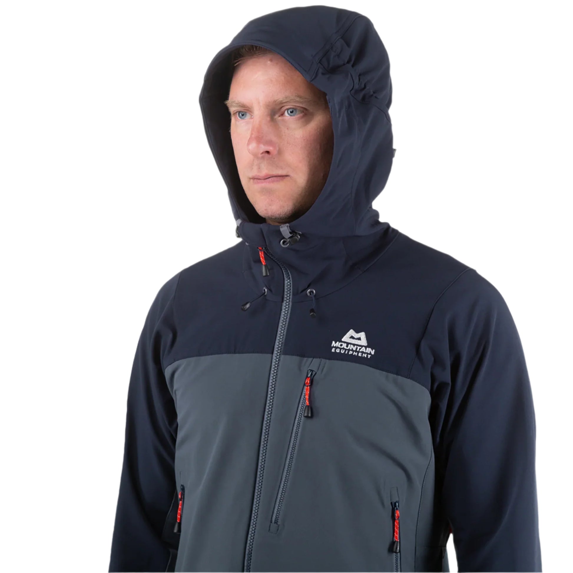 Mountain Equipment Mission Softshell Jacket in Ombre Blue/Cosmos - Hood Detail