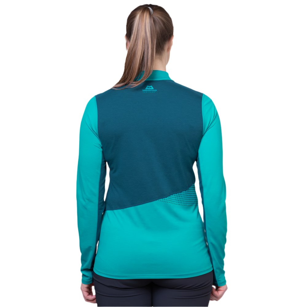 Mountain Equipment Nava LS Women's Zip T in Topaz/Majolica - Clearance - Back Fit on Model