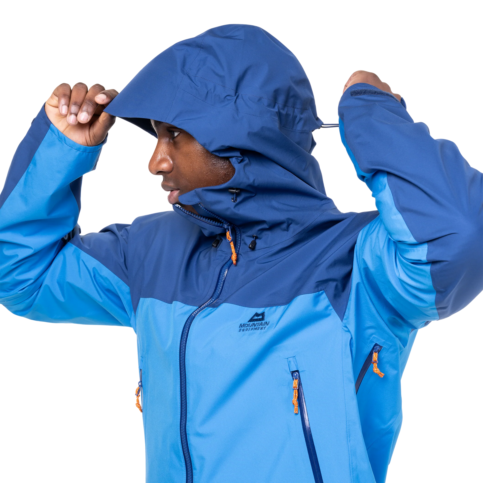 Mountain Equipment Odyssey Men's Jacket in Atlantic/Admiral - On Model Hood Close