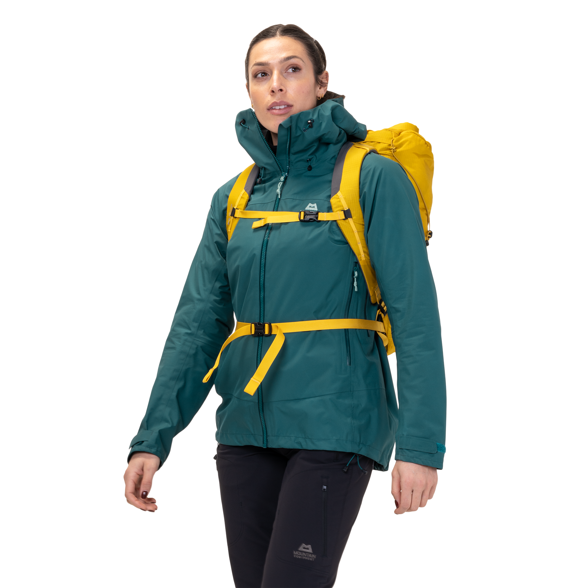 Mountain Equipment Odyssey Women's Jacket in Deep Teal - On Model With Pack
