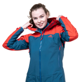 Mountain Equipment Odyssey Women's Jacket in Majolica/Chili - On Model Hood Adjust