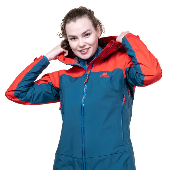Mountain Equipment Odyssey Women's Jacket in Majolica/Chili - On Model Hood Adjust