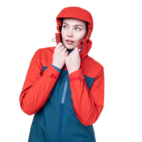 Mountain Equipment Odyssey Women's Jacket in Majolica/Chili - On Model Hood