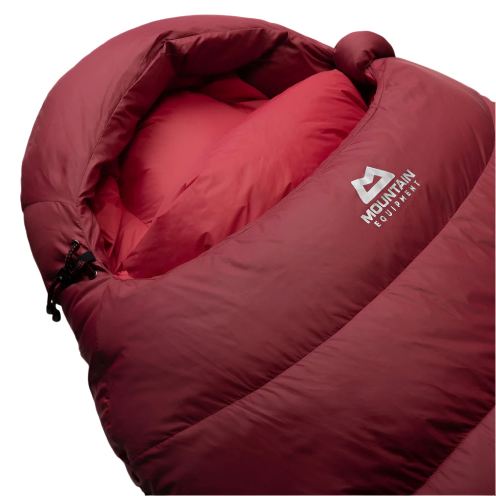 Mountain Equipment Olympus 650 Women's Sleeping Bag in Rhubarb - Hood Open Detail 2