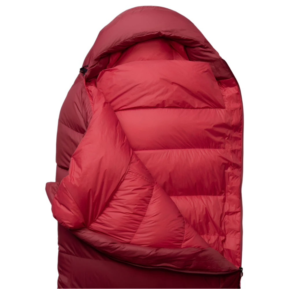 Mountain Equipment Olympus 650 Women's Sleeping Bag in Rhubarb - Hood Open Detail