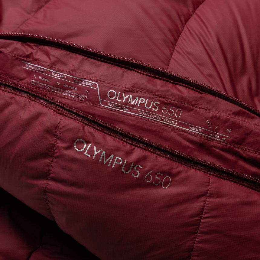Mountain Equipment Olympus 650 Women's Sleeping Bag in Rhubarb - Logo Detail