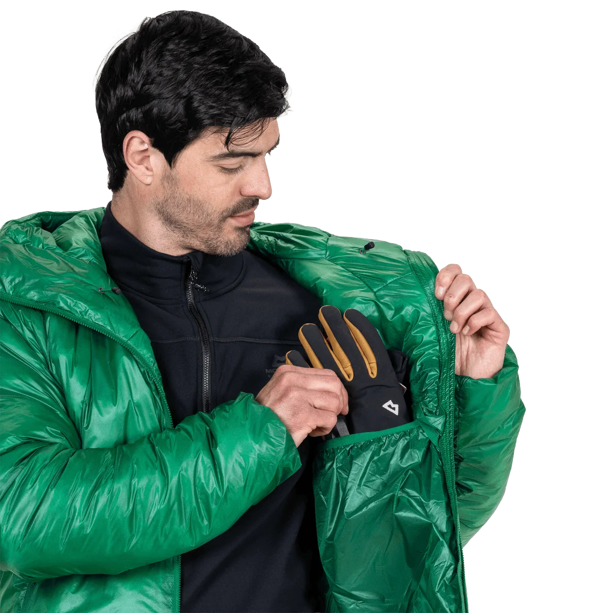 Mountain Equipment Oreus Hooded Men's Jacket in Alpine Green - Front Fit On Model
