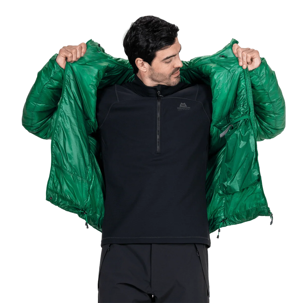 Mountain Equipment Oreus Hooded Men's Jacket in Alpine Green - Open Front On Model