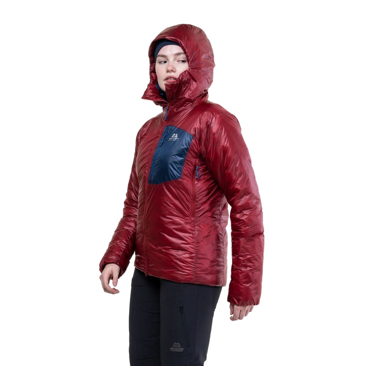 Mountain Equipment Oreus Hooded Women's Jacket in Merlot/Admiral Blue - Hood Up Side