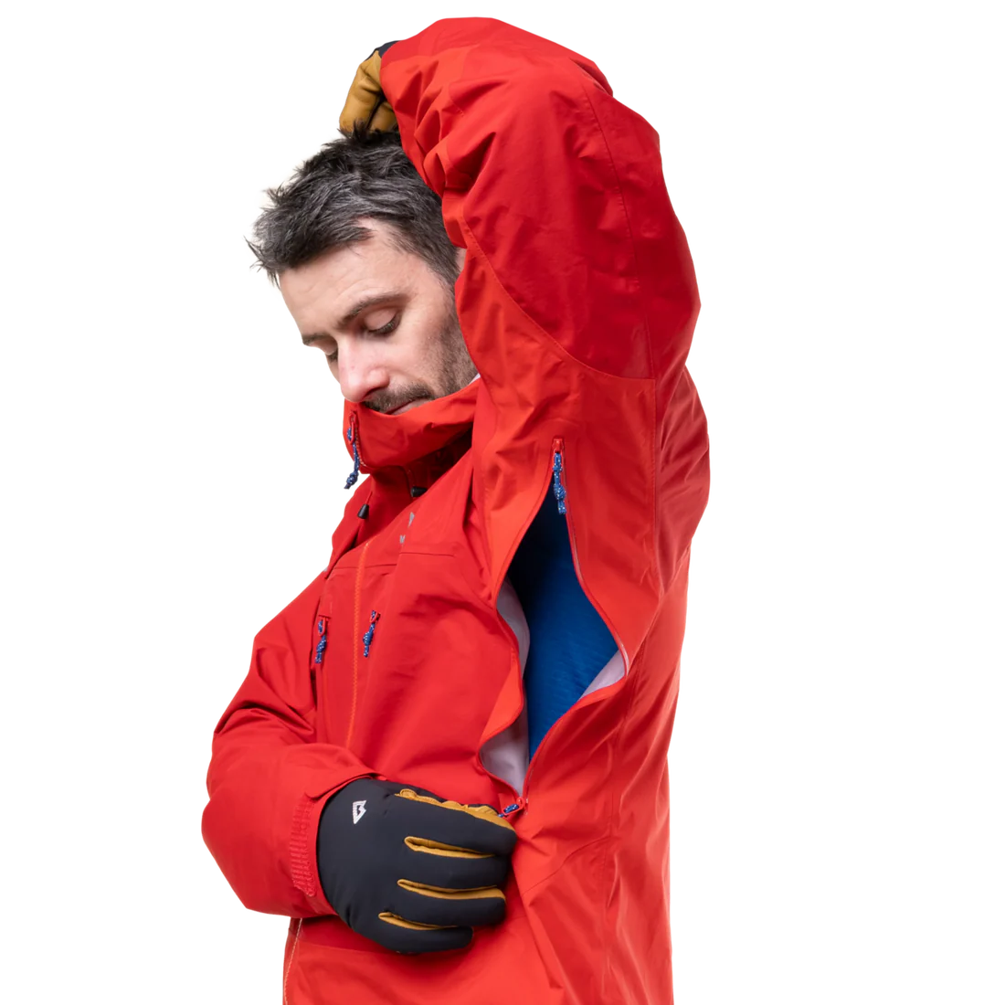 Mountain Equipment Orion Men's Jacket in Chili/Crimson - Hood Detail
