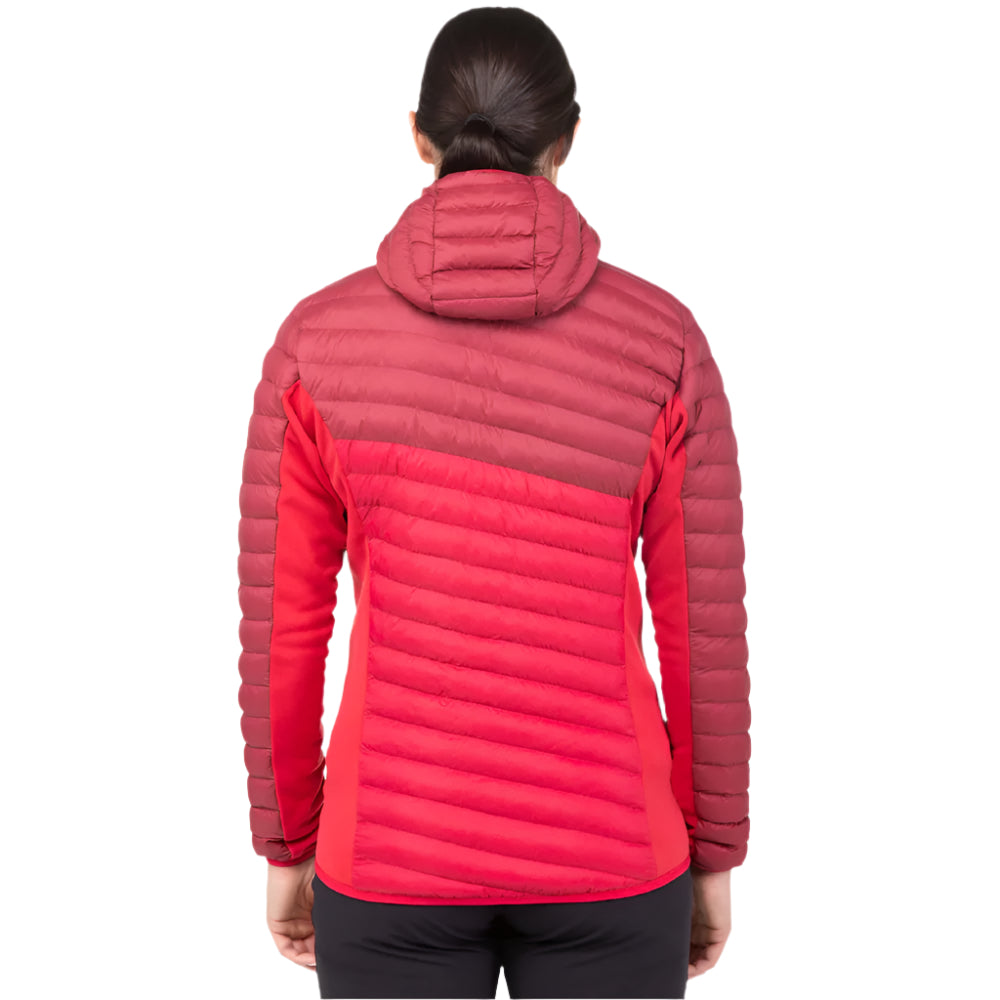 Mountain Equipment Particle Hooded Women's Jacket in Capsicum/Tibetan Red - Back Fit on Model