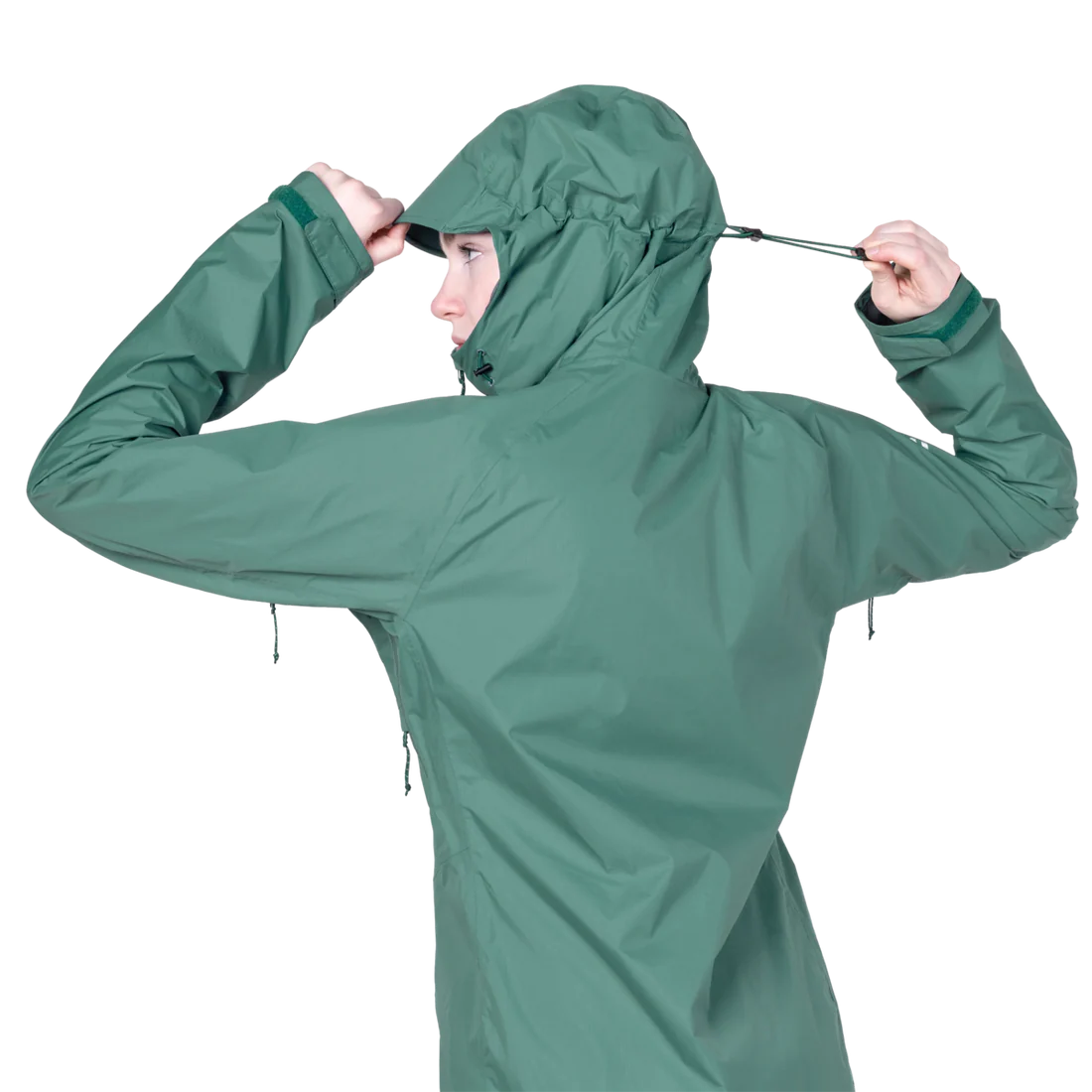 Mountain Equipment Raintower Women's Jacket in Sea Pine - Hood adjustment model view alternate