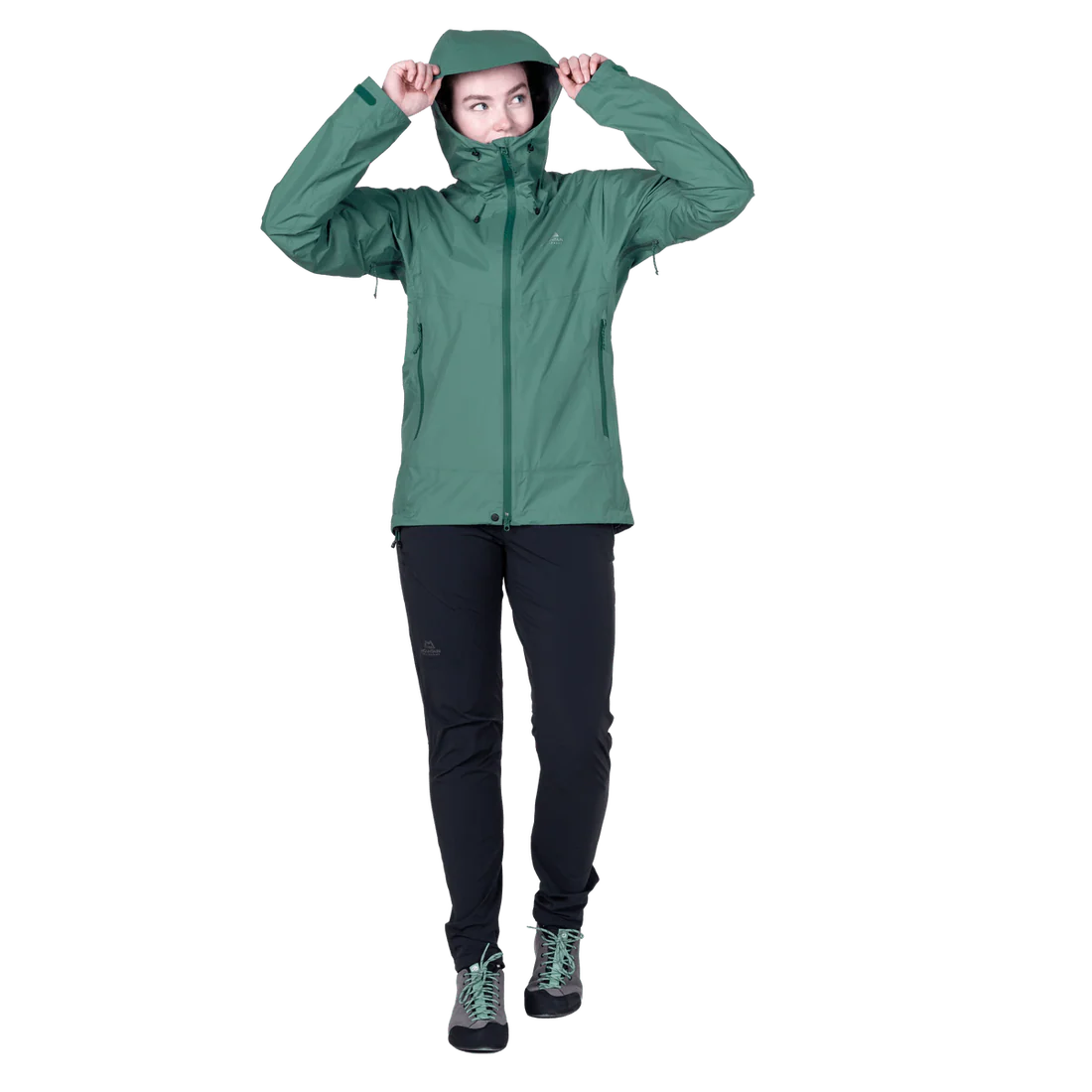 Mountain Equipment Raintower Women's Jacket in Sea Pine - Hood adjustment model view 3