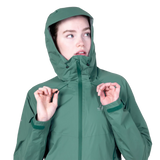 Mountain Equipment Raintower Women's Jacket in Sea Pine - Hood adjustment model view