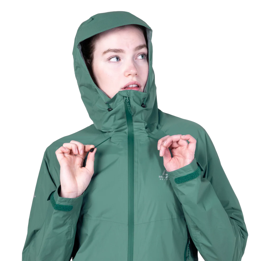 Mountain Equipment Raintower Women's Jacket in Sea Pine - Hood adjustment model view