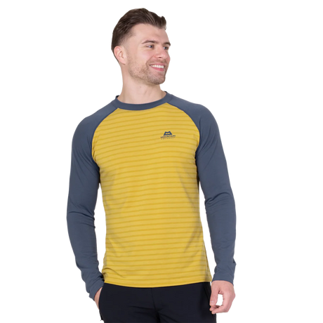 Mountain Equipment Redline LS Men's Tee in Acidstripe/Denim - On Model Front