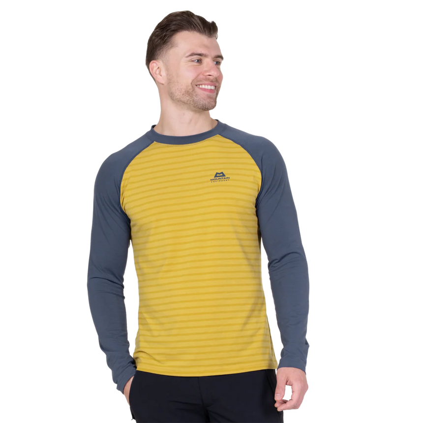 Mountain Equipment Redline LS Men's Tee in Acidstripe/Denim - On Model Front