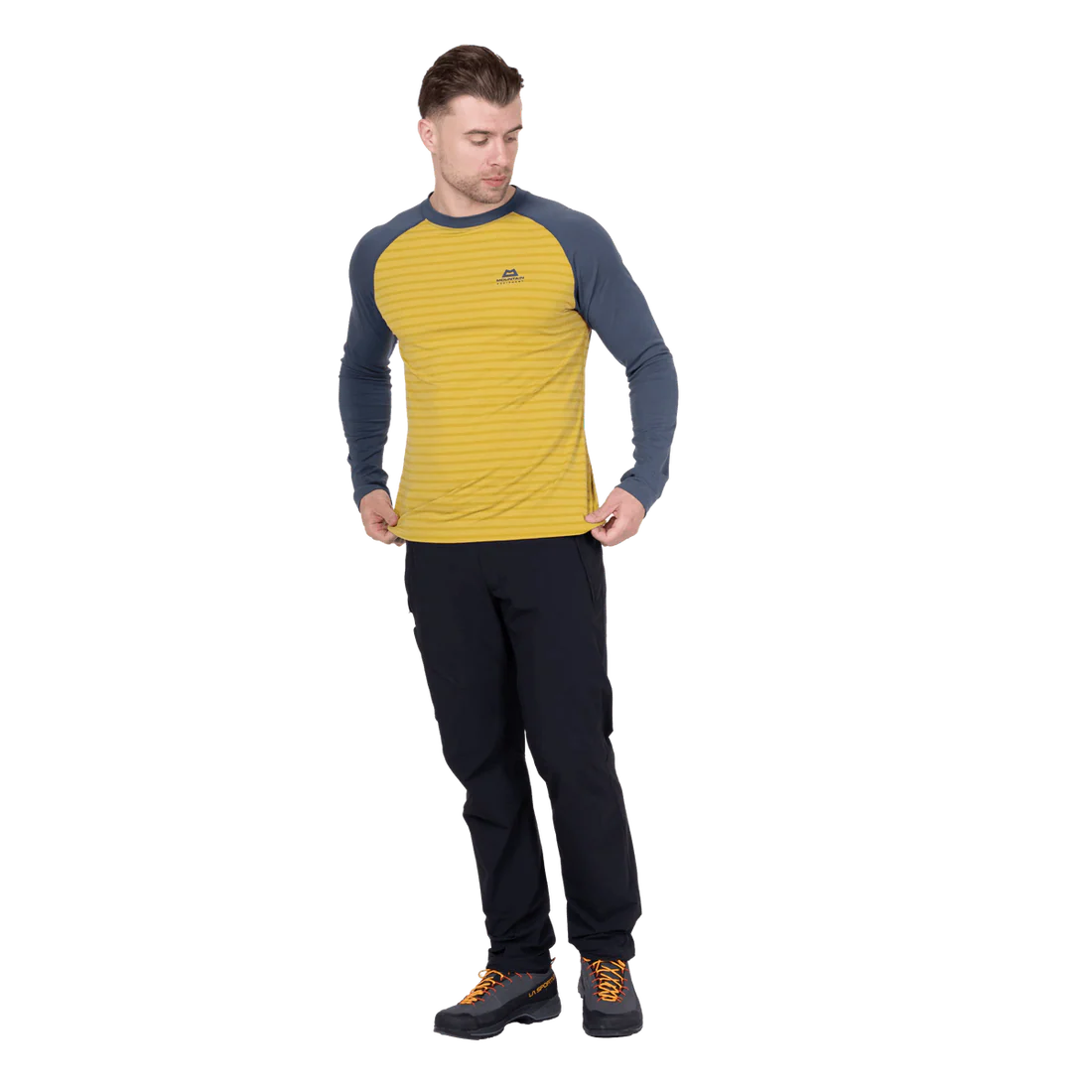 Mountain Equipment Redline LS Men's Tee in Acidstripe/Denim - On Model Three Quarter