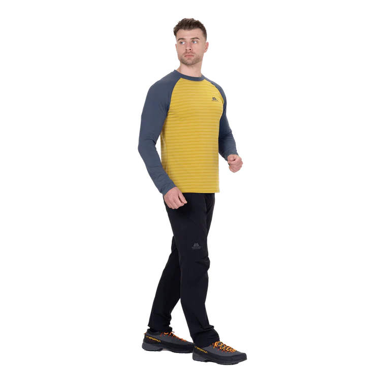 Mountain Equipment Redline LS Men's Tee in Acidstripe/Denim - On Model Walking Side