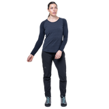 Mountain Equipment Redline LS Women's Tee in Cosmos Stripe/Cosmos - On Model Walking Back