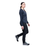 Mountain Equipment Redline LS Women's Tee in Cosmos Stripe/Cosmos - On Model Walking Side