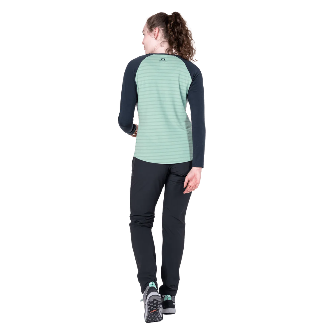 Mountain Equipment Redline LS Women's Tee in Lichen Stripe/Cosmos - Front flat lay alternate