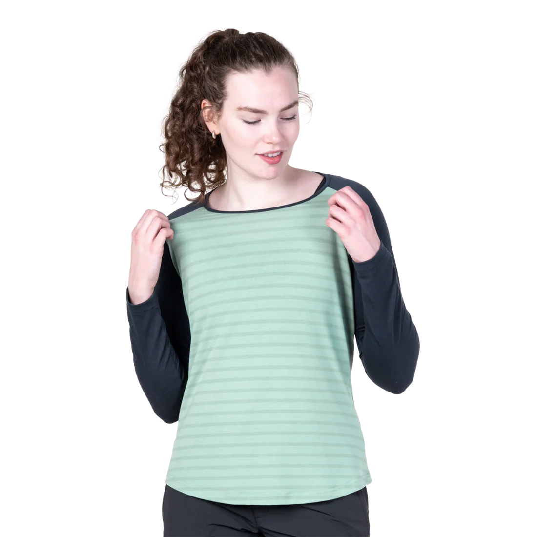 Mountain Equipment Redline LS Women's Tee in Lichen Stripe/Cosmos - Front flat lay