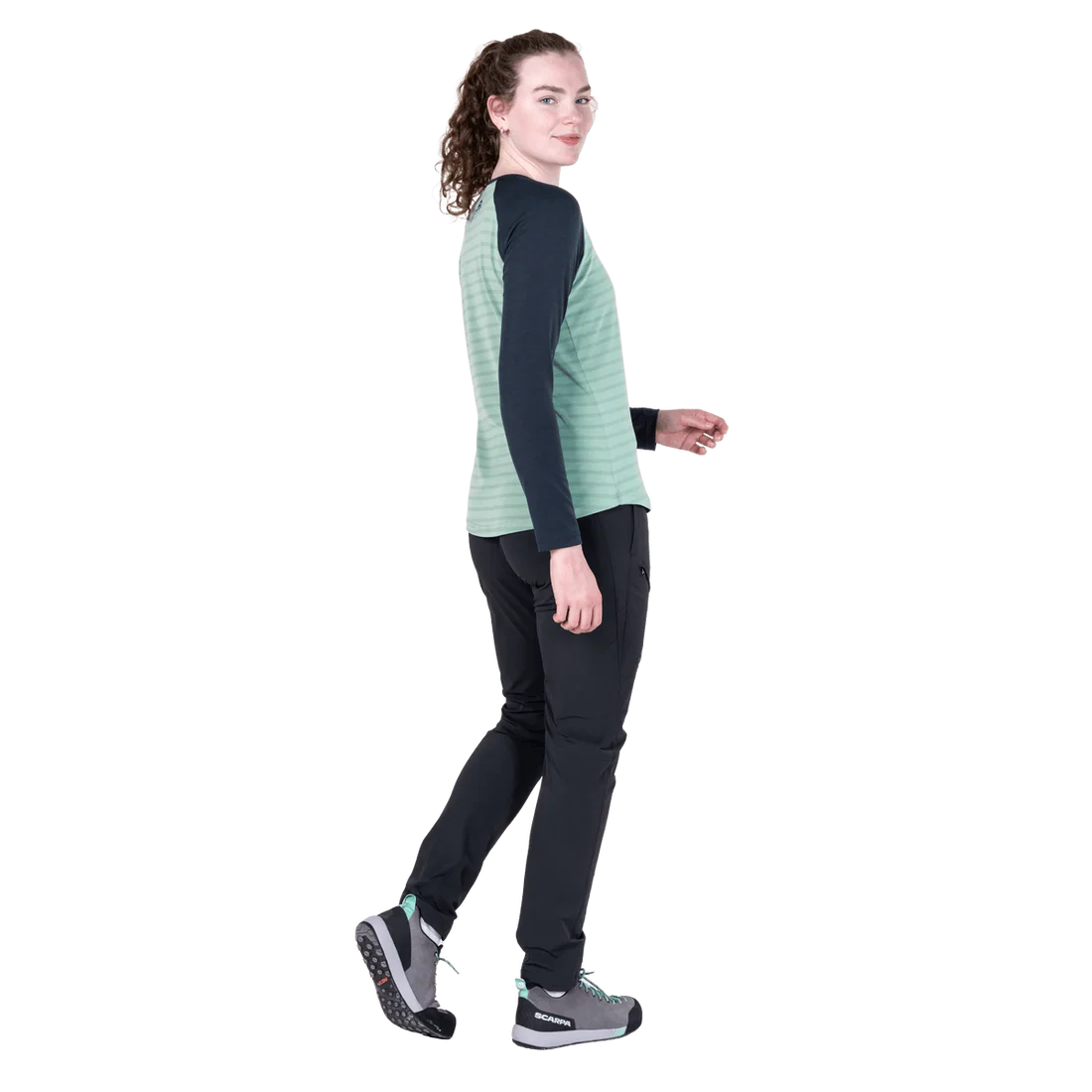 Mountain Equipment Redline LS Women's Tee in Lichen Stripe/Cosmos - Front full length model view 3