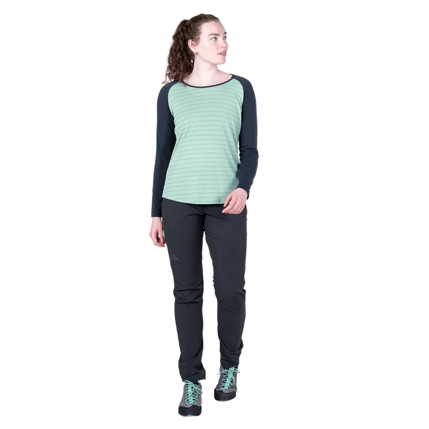 Mountain Equipment Redline LS Women's Tee in Lichen Stripe/Cosmos - Side model view