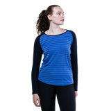 Mountain Equipment Redline LS Women's Tee in Vivid Stripe/Cosmos - On Model Front Close
