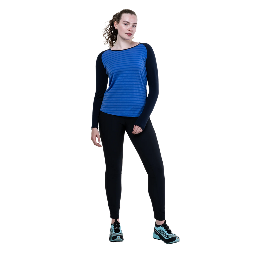 Mountain Equipment Redline LS Women's Tee in Vivid Stripe/Cosmos - On Model Front