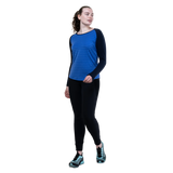 Mountain Equipment Redline LS Women's Tee in Vivid Stripe/Cosmos - On Model Walking Front