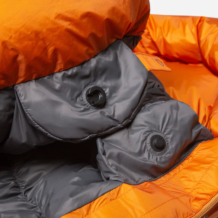 Mountain Equipment Redline Sleeping Bag in Marmalade - Lode Lock Closure