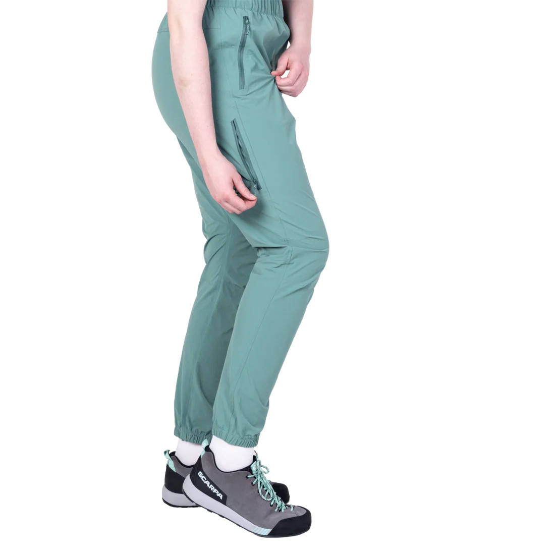 Mountain Equipment Sella Women's Pant in Sea Pine - Side model view walking