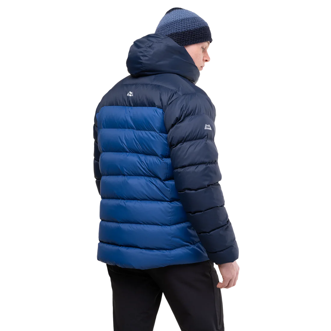 Mountain Equipment Senja Men's Down Jacket in Admiral/Cosmos - Back Angle Shot on Model
