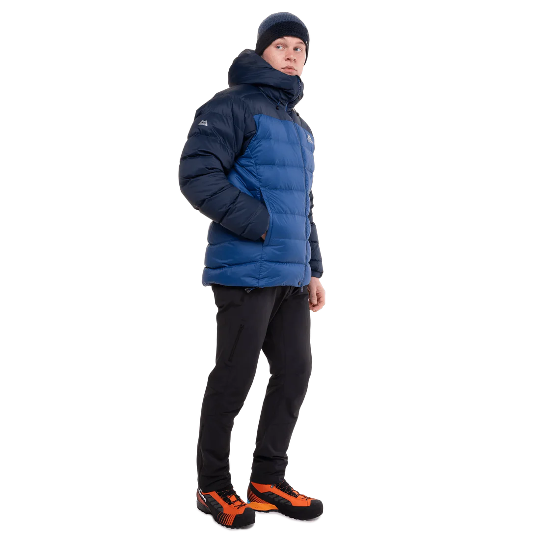 Mountain Equipment Senja Men's Down Jacket in Admiral/Cosmos - Front Angle Shot of Model with Hand in Pocket