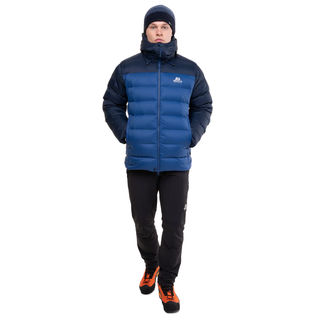 Mountain Equipment Senja Men's Down Jacket in Admiral/Cosmos - Full Front Shot on Model