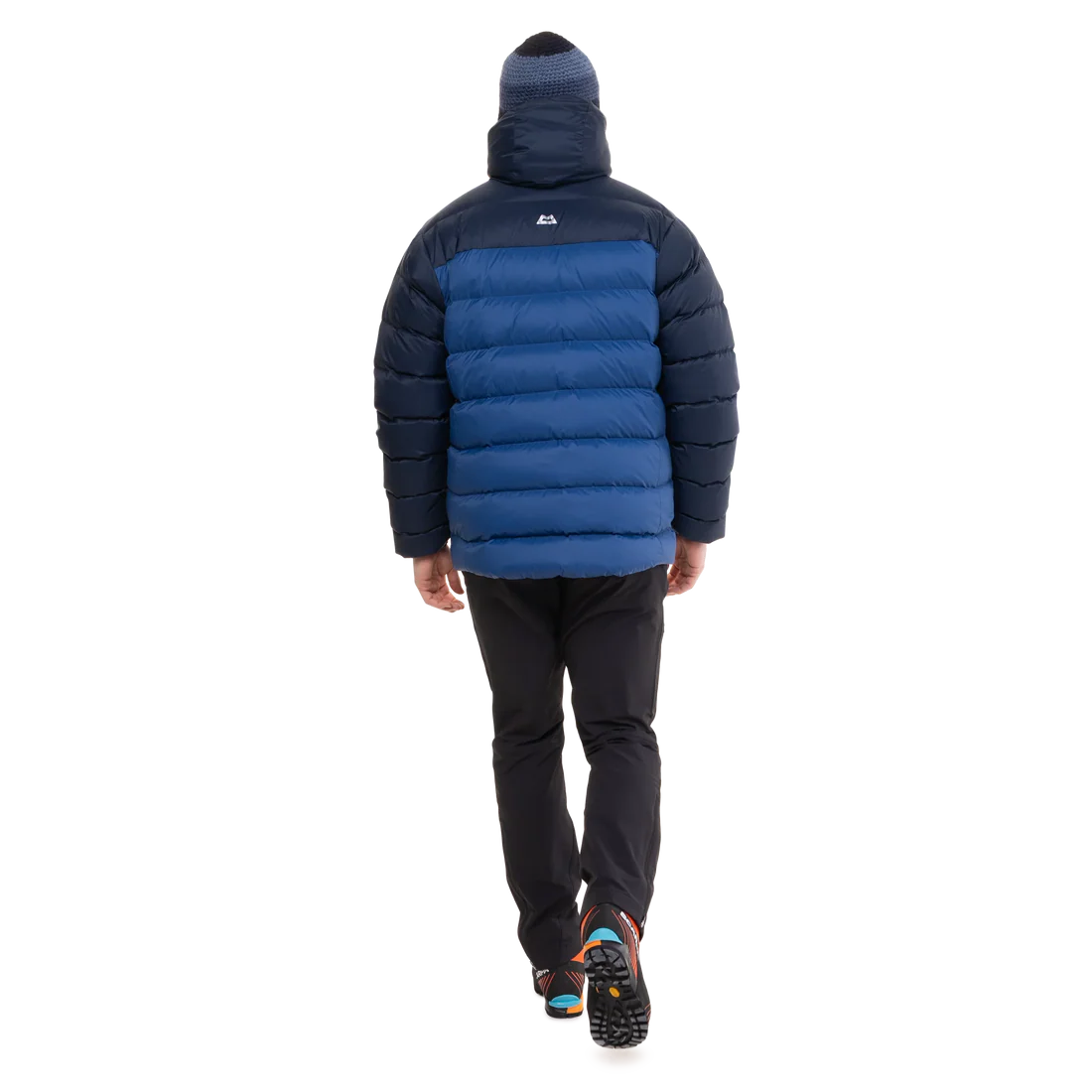 Mountain Equipment Senja Men's Down Jacket in Admiral/Cosmos - Full Back Fit Shot on Model