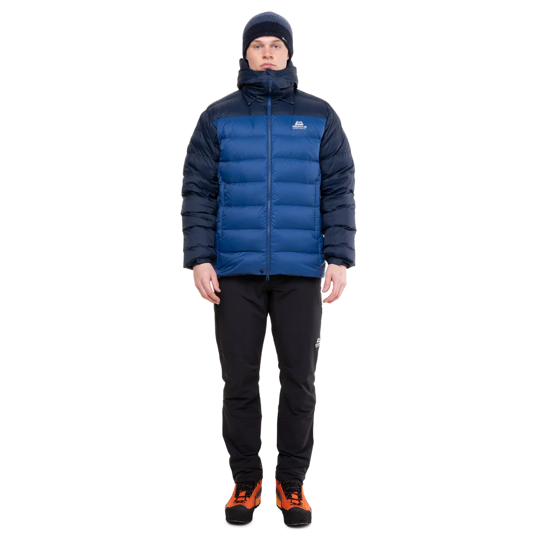 Mountain Equipment Senja Men's Down Jacket in Admiral/Cosmos - Full Front Fit Shot on Model