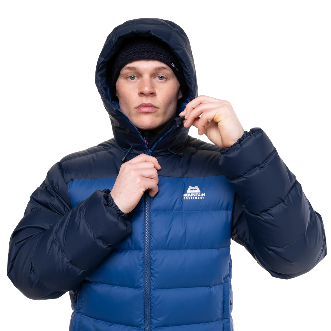 Mountain Equipment Senja Men's Down Jacket in Admiral/Cosmos - Hood Up and Fully Zipped on Model